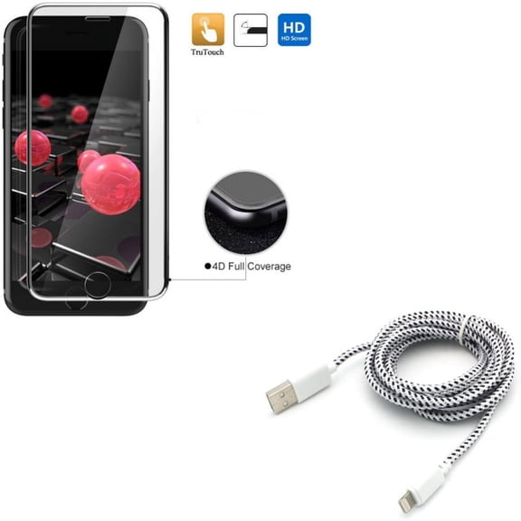 iPhone 7/8 PLUS Screen Protector w 6ft USB Cable - Tempered Glass 4D Touch Curved Edge Full Cover, Charger Cord Power Wire Braided for iPhone 8 PLUS/7 Plus