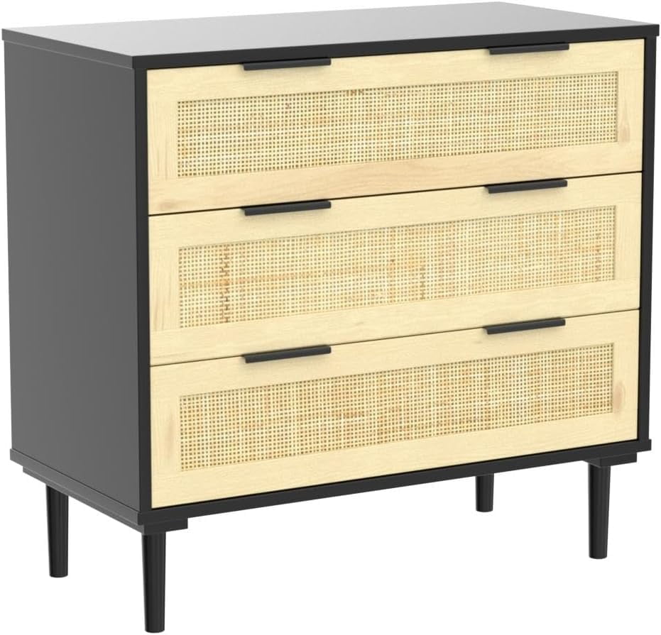 LAZZO 3 Modern Drawer Dresser Rattan, Wooden Dresser Chest of Large Storage Cabinet