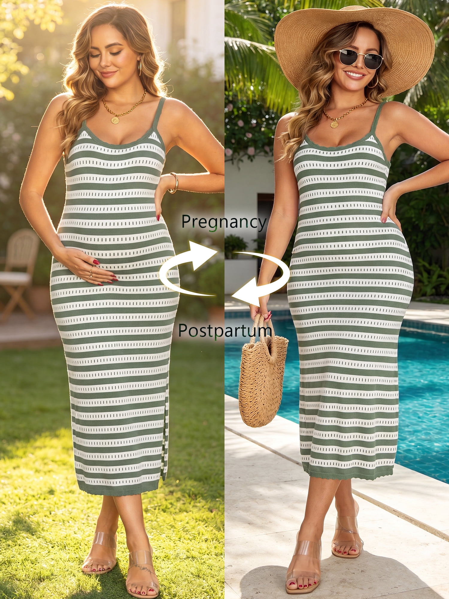 DARING DIVA Women's Maternity Sleeveless Bodycon Knit Striped Midi Dress 2XL Green