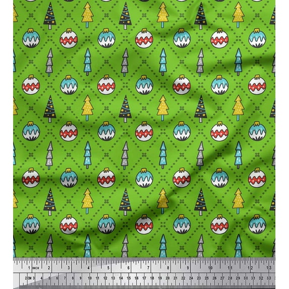 Soimoi Green polyester Crepe Fabric Dot,Baubles & Tree Christmas Printed Fabric 1 Yard 52 Inch Wide