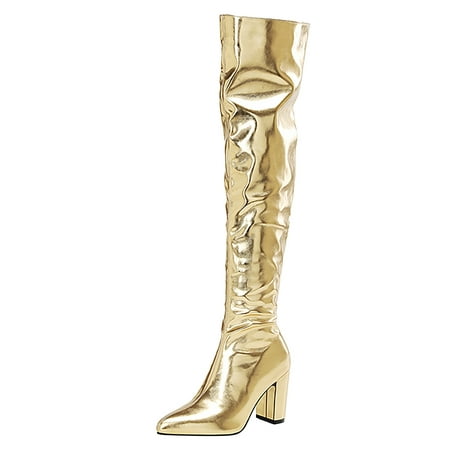 

Women s Boots Metallic Over The Knee High Pointed Toe Thick Heels Short Plush Inner Layer High Gathering Dress Zipper Boots