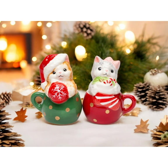 Ceramic Kittens in Teacups Christmas Theme Salt and Pepper Shakers, Christmas Decor, Cat Lover Gift