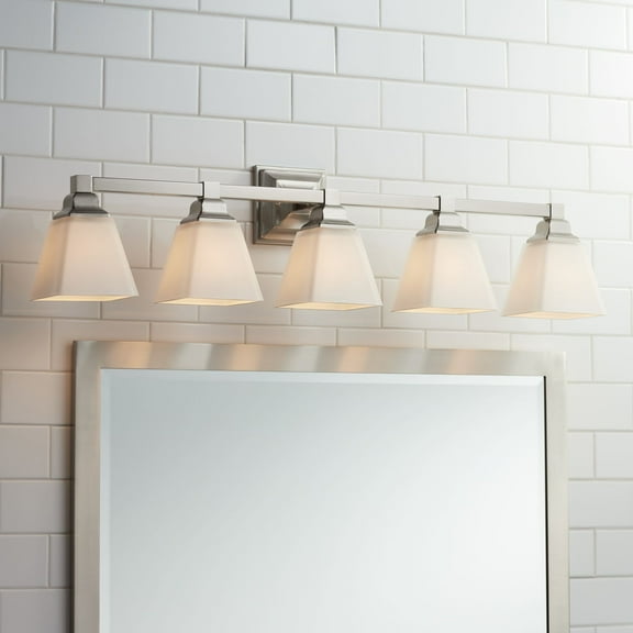 Regency Hill Mencino Modern Wall Light Satin Nickel Hardwire 35 1/4" 5-Light Fixture Etched Opal Glass for Bedroom Bathroom Vanity Living Room House