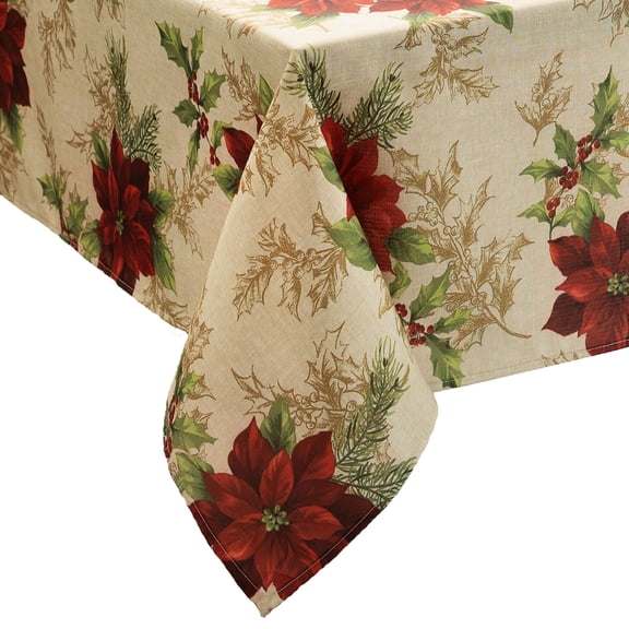 Elrene Home Fashions Festive Poinsettia Holiday Fabric Tablecloth, Multi, 52" x 70" Rectangle