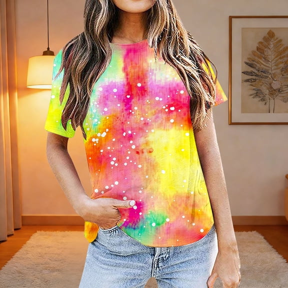 Trendfront Womens Tie Dye Shirt Neon Graphic T Shirts Fashion Short Sleeve Tops Summer Crewneck Tee Casual Stylish Retro Daily Streetwear