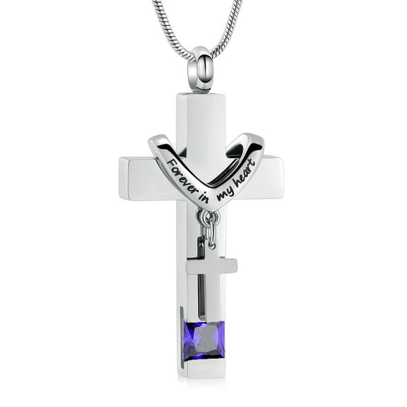 Double Cross with Birthstone Memorial Cremation Jewelry for Ashes Holder Urn Necklace for Ashes of Loved One Ashes Pendent for Ashes and Chain -Forever in My Heart