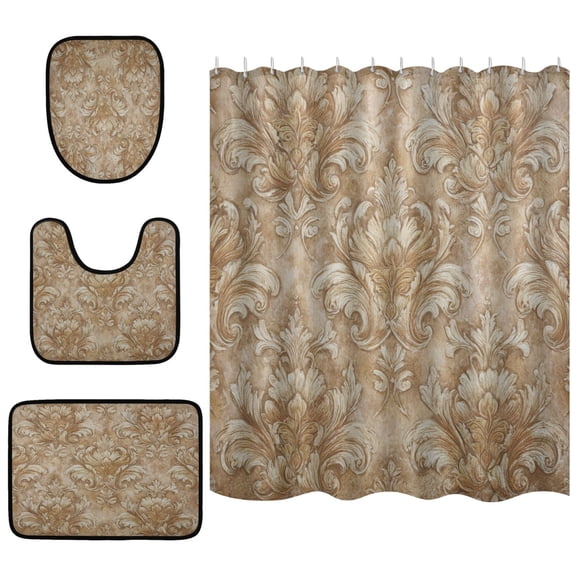 Shower Curtain and Rug Sets 4pcs Bathroom Sets Includes 12 Free Hooks 66" x 72" Sandy Damask Heritage