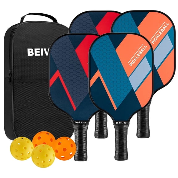 BEIVES Fiberglass Pickleball Paddle Set - 4-Player Kit w/ 4 Balls & Carry Bag - Lightweight Indoor/Outdoor