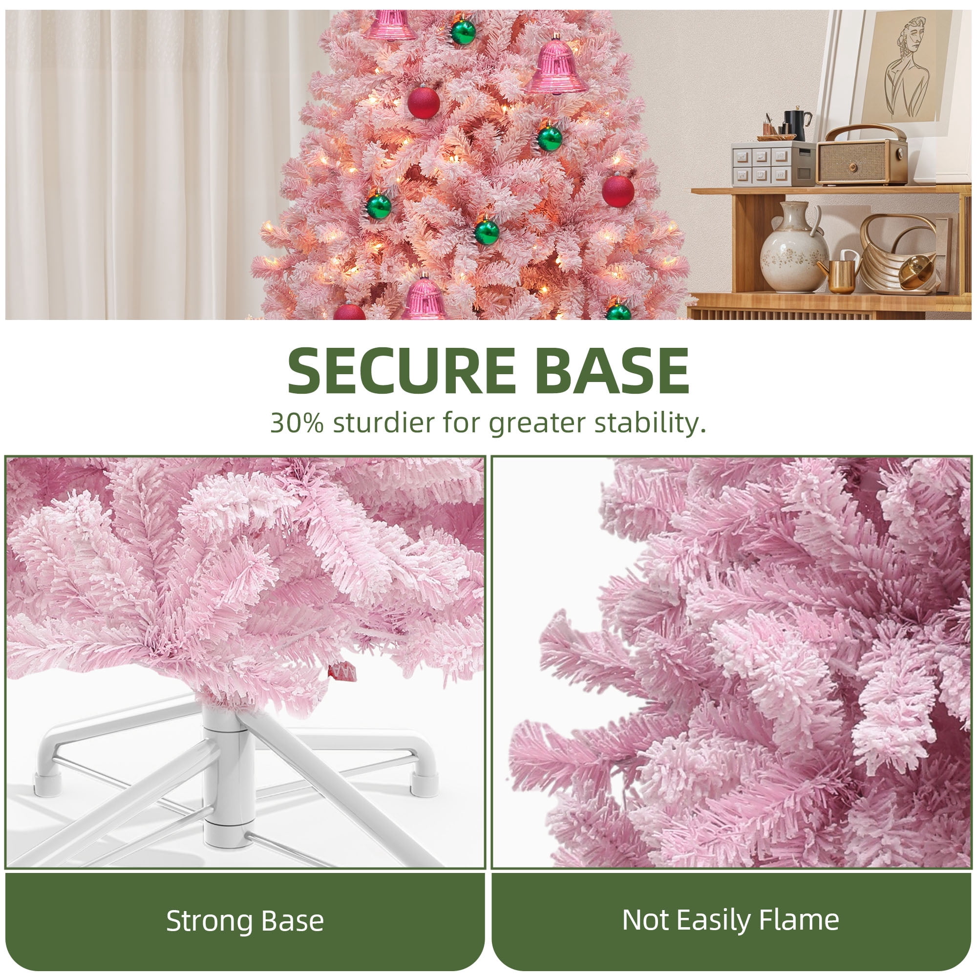 Uforic 6ft Pre-Lit Pink Artificial Christmas Tree, Flocked Spruce Artificial Christmas Tree with 928 PVC Tips and 250 Lights, Pink
