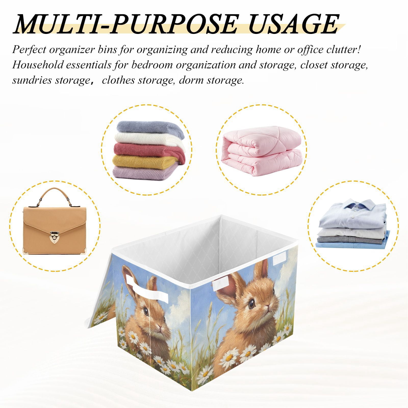Easter Rabbit Flowers Daisy Storage Basket for Shelves Foldable Container Organizer for Organizing Toys Clothes Books with Handles