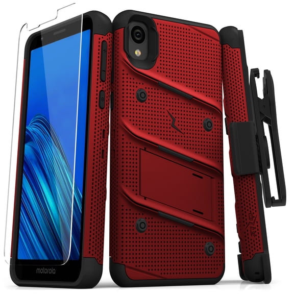ZIZO BOLT Series Motorola Moto E6 Case | Heavy-duty Military-grade Drop Protection w/ Kickstand Included Belt Clip Holster Tempered Glass Lanyard (Red/Black)