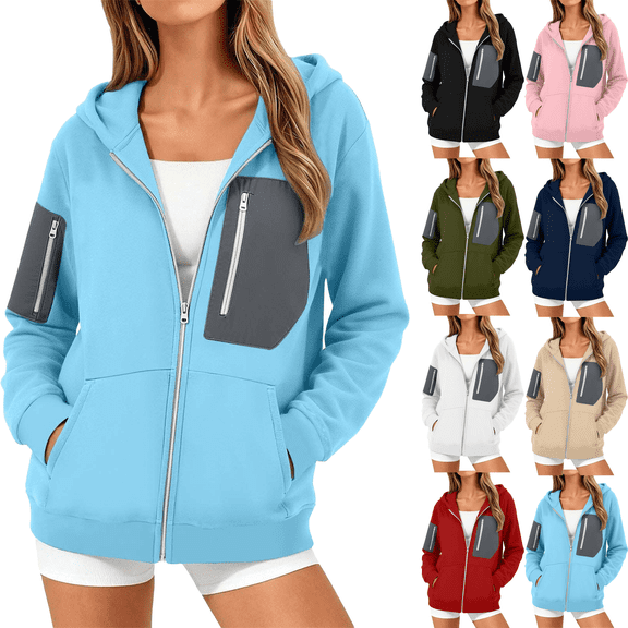 Fashion Zip Up Hoodies for Women Plus Size Casual Block Zipper Pocket Hoodie Solid Color Long Sleeve Casual Hoodie