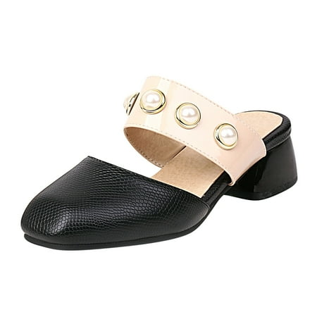 

Rdeuod Sandal Women S Shoes Pearl Slip-On Sandals Square Mid Heel Round Toe Casual Plaid For Women