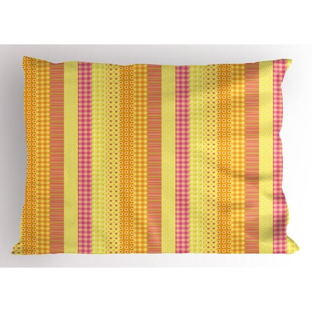 Mix Style Star - Floral Pillow Sham Flowers Stars Stripes Mix Patchwork Style Motif Kids Baby Playroom Design, Decorative Standard Queen Size Printed Pillowcase, 30 X 20 Inches, Yellow Marigold Pink, by Ambesonne