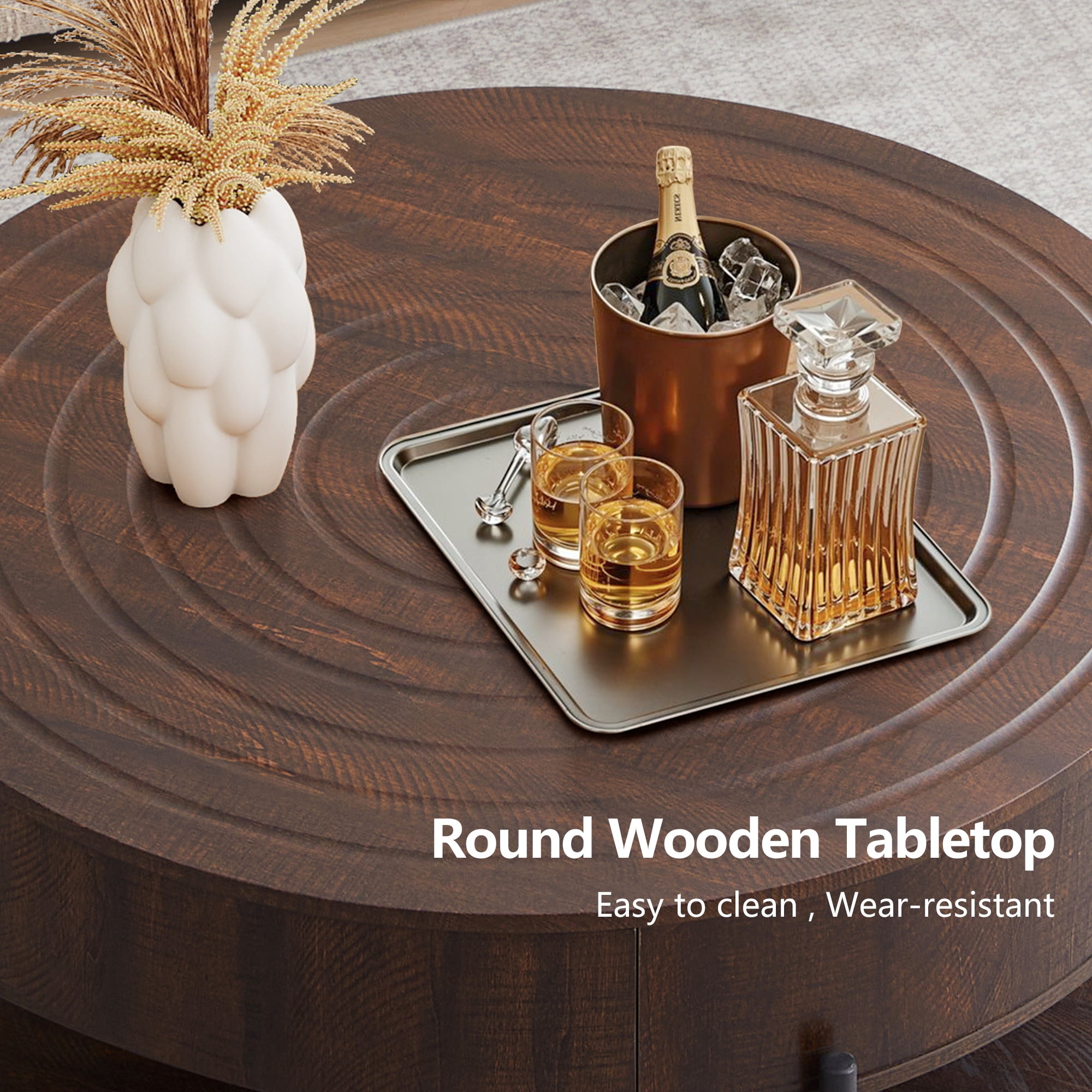 Wirrytor 30" Round Coffee Table with 2 Drawers and Storage Shelf, Modern Farmhouse Tea Table with Natural Tree Rings Top, Dark Brown