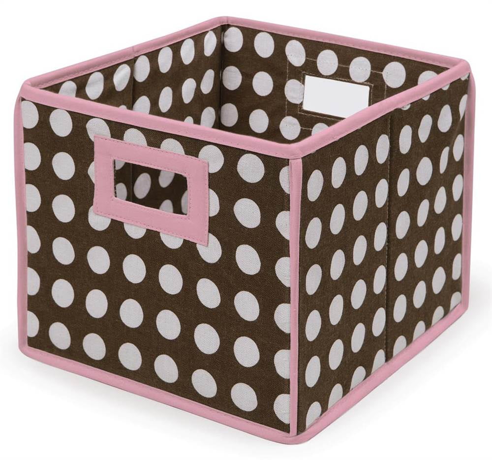 Folding Basket and Storage Cube in Pink Trim and Brown Polka Dot