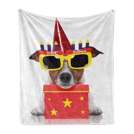 Birthday Party Soft Flannel Fleece Throw Blanket, Happy Party Dog with Sunglasses and Cone Hat Boxes Stars Image Print, Cozy Plush for Indoor and Outdoor Use, 50" x 60", Yellow and Red, by Ambesonne