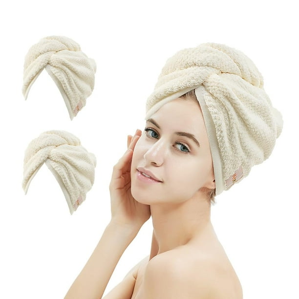 M-Bestl Paquete De 2 Toallas De Microfibra Para El Cabello Con Botón Absorbente Y Suave Toalla Antiencrespamiento Para Secar El Cabello Rápidamente (Beige Y Beige)