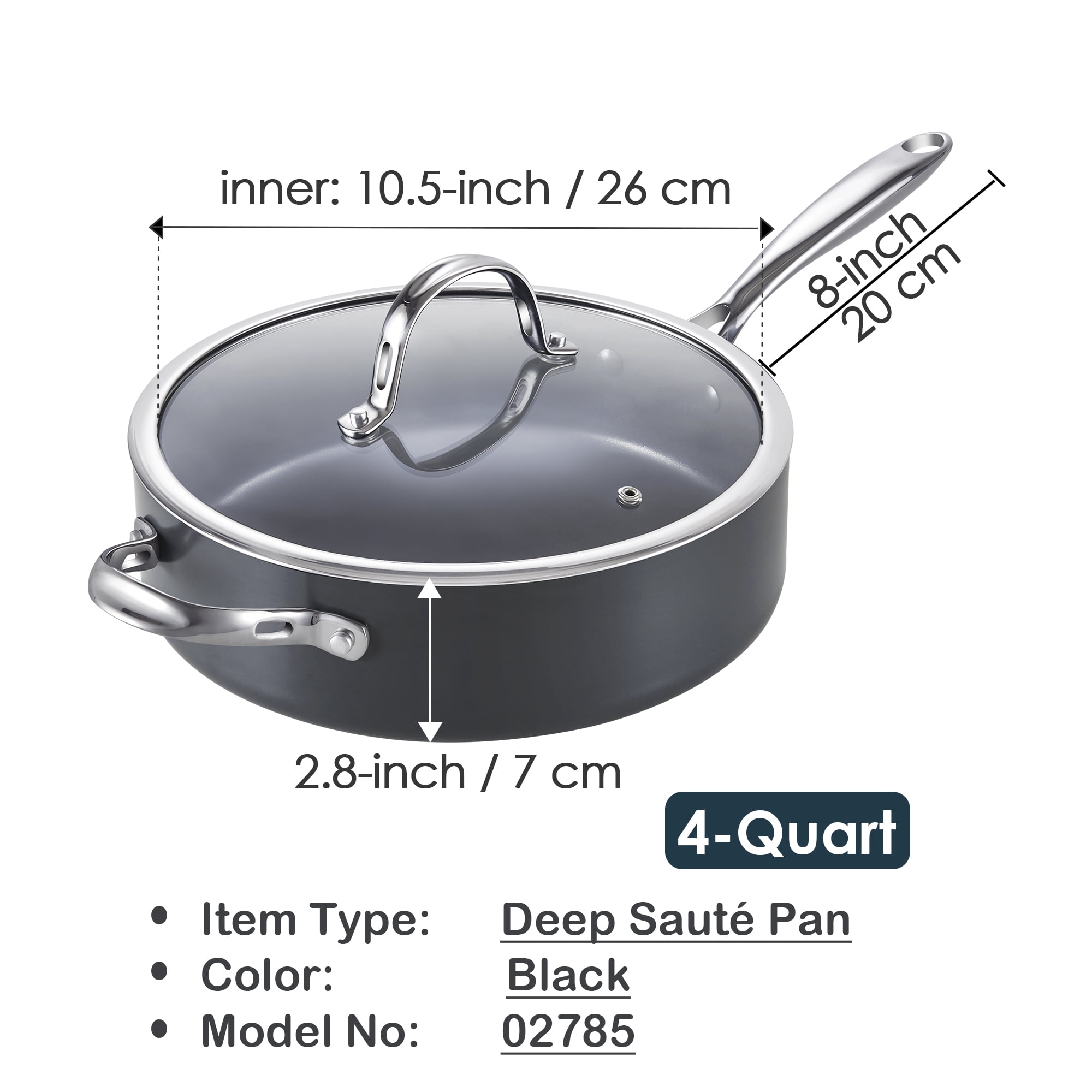 Cooks Standard Classic 4 Quart Hard Anodized Deep Sauté Pan with Lid, 10.5 Inch Ceramic Nonstick Deep Frying Pan, Large Skillet Jumbo Cooker Sartén, Dishwasher & Oven Safe, Induction Cookware
