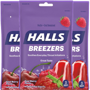 HALLS Breezers Throat Soothing Cool Berry Throat Drops, 3 Packs of 25 Drops (75 Total Drops)