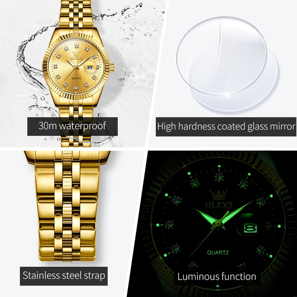 OLEVS Watches for Women Diamond with Date Luxury Female Waterproof Women Wrist Watch Analog Dress Quartz Stainless Steel Ladies Watch Luminous Calendar Women Watch Reloj para Mujer