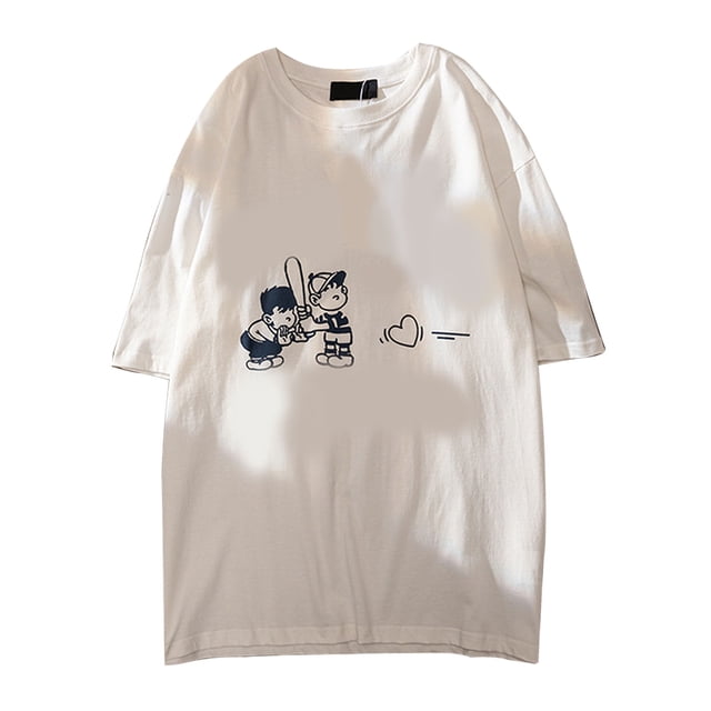 Camisa De Cuello Redondo Carta Vintage Impresa Dibujos Animados Unisex Camisa De Manga Corta Suelta Y Ajustada Para Pareja Blanco L