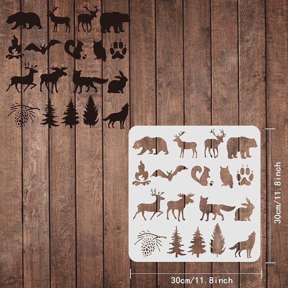 1pc Animal Stencils Template 11.8x11.8inch Plastic Forest Animals Drawing Painting Stencils Bear Deer Wolf Pine Pattern Reusable Stencils for Painting on Wood Floor Wall and Tile