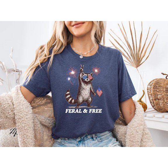 Feral & Free Raccoon T-Shirt,Funny 4th of July Shirt, American Feral Girl Summer Meme Shirt, Patriotic Independence Day Gift TH190556