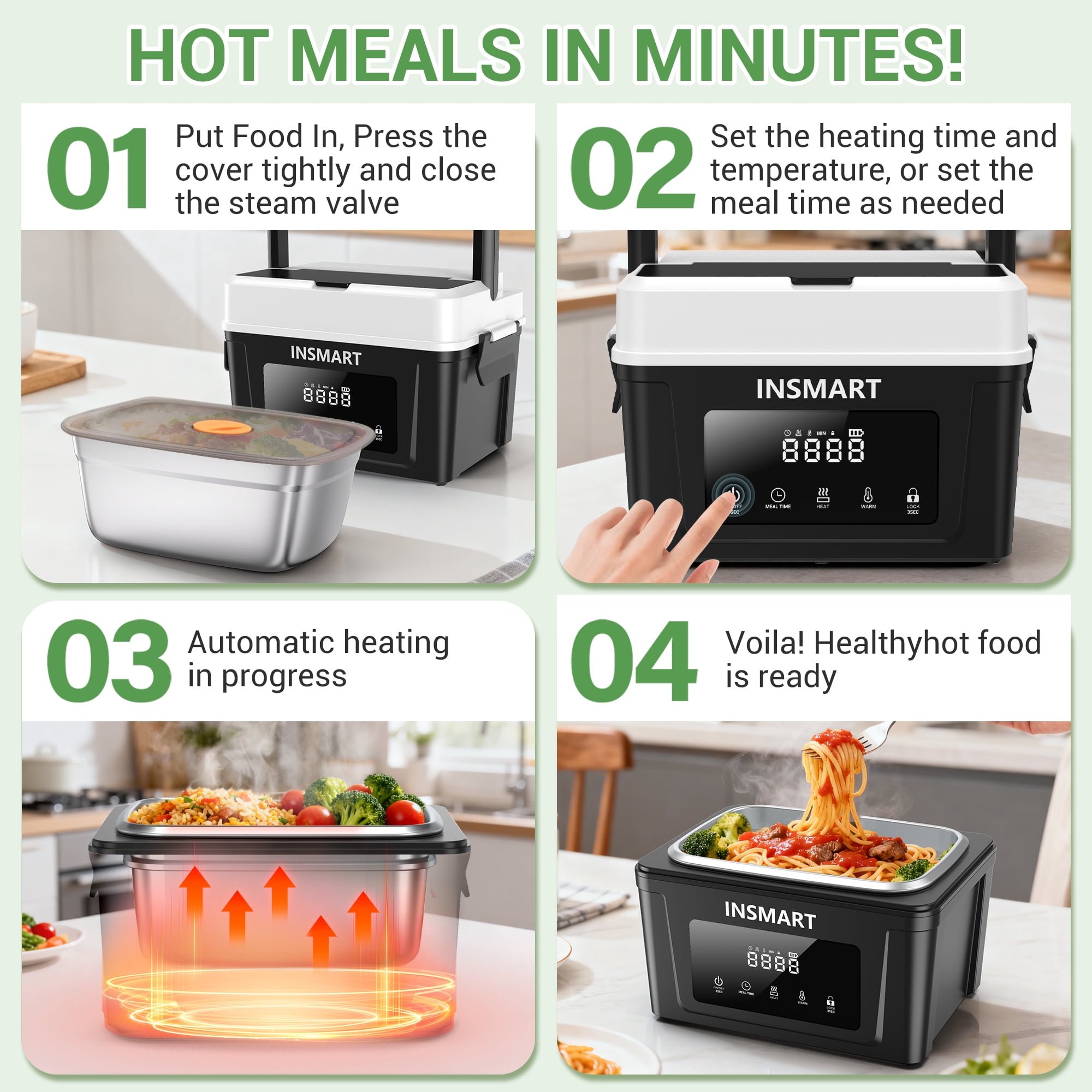 INSMART 6.3-Cup Cordless Electric Lunch Box for Adults, Heated Lunch Box for Men with Scheduled Heating, Portable Car Food Warmer with Utensils, Two-Tier Bag,Dishwasher Safe,Removable Divider（Black）