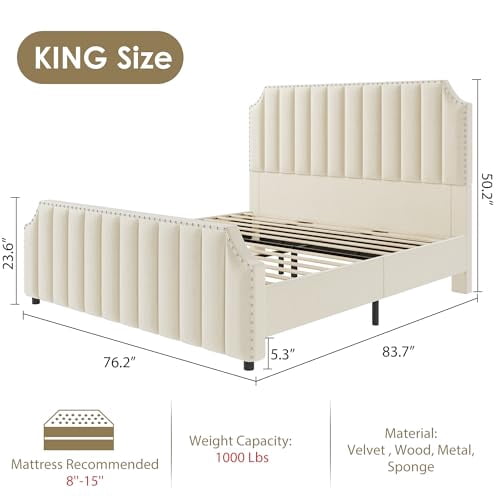 Huisuilinss Queen Bed Frame,Upholstered Platform Bed Frame,Velvet King Size Bed Frame With Nailhead Trim Headboard & Footboard,No Box Spring Needed,Noise Free,Wooden Slats