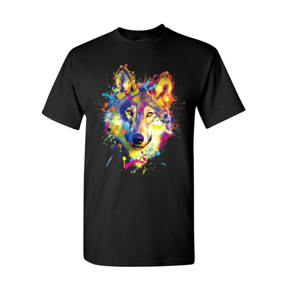 Tee Hunt Neon Wolf Head T-Shirt Paint Splatter Lone Wolf Spirit Animal Mens Shirt