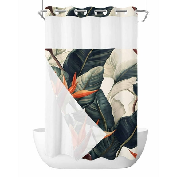 No Hook Cloth Fabric Shower Curtain with Snap in Liner, Summer Botanical Waterproof Shower Curtains Set with See Through Top Window, Retro Nature Tropical Leaves Floral Bath Curtains Shower 36"x72"