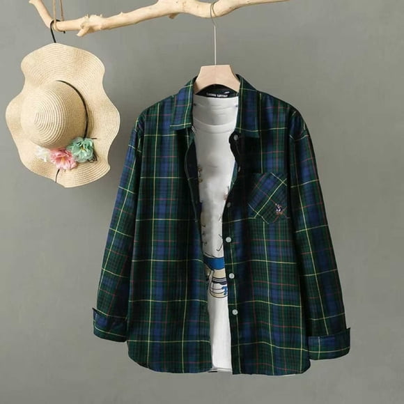 JDQJBZ Summer Womens Tops,Womens Pocket Shirt Long Sleeve Shirts Women Plaid Lapel Button Down Casual Blouse With Pocket Spring Summer Daily Top