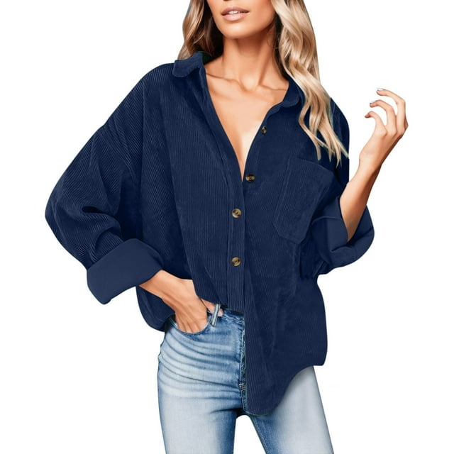 GYUJNB Surchemise en Velours Côtelé pour Femmes à Boutons, Col en V, Manches Longues, Chemise Décontractée, Veste, Blouses et Hauts Surdimensionnés