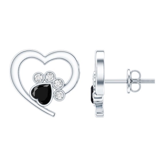 Rosec Jewels Black Onyx Paw Stud Earrings with Screw Back - AAA Quality - Heart Shape Black Onyx with Diamond - with Jewelry Box, 925 Sterling Silver