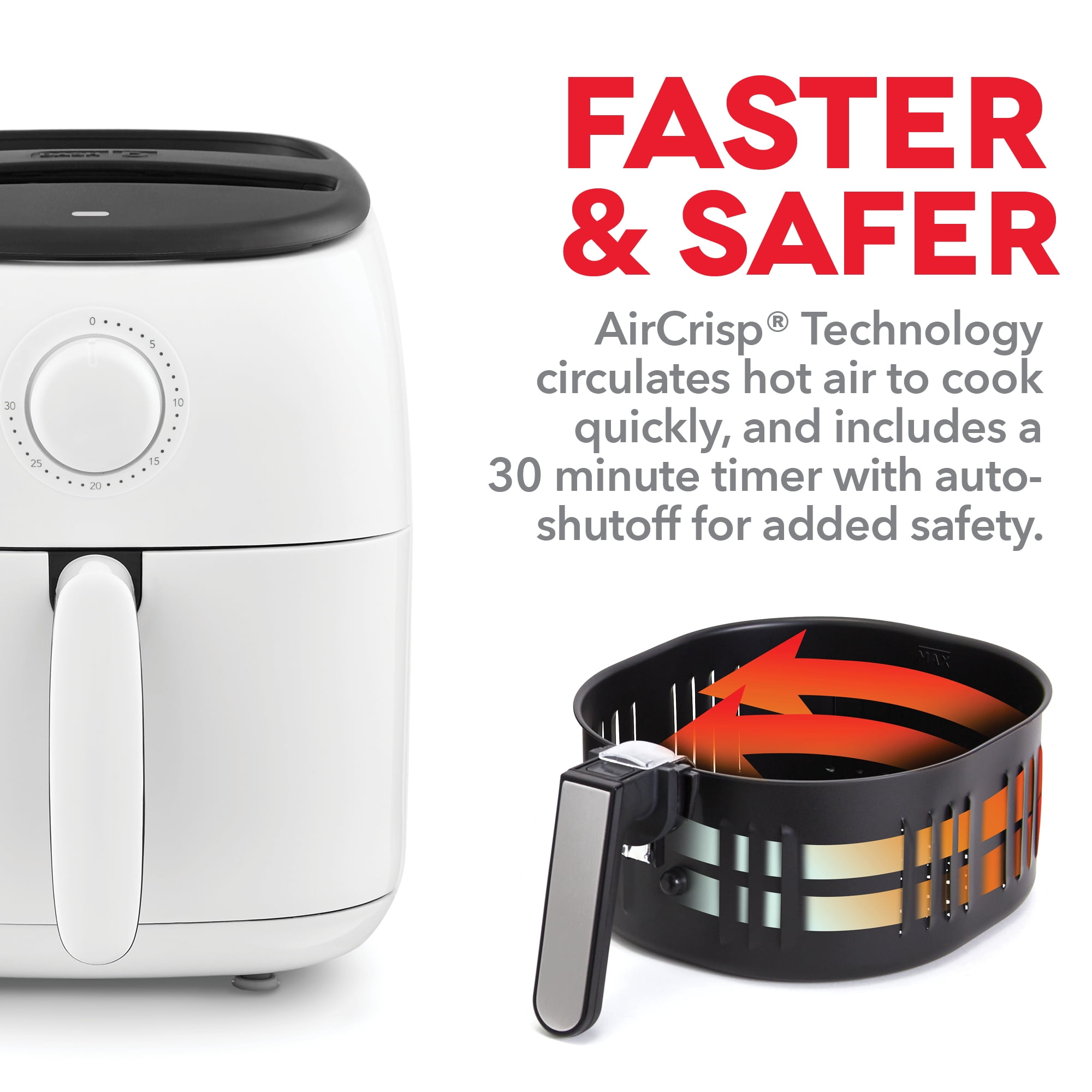 Dash Tasti-Crisp Express 2.6 qt Air Fryers, White - Non-Stick, Removable Basket, Heat Resistant Handles, Cool Touch Exterior