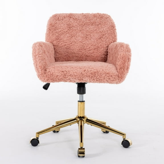 Artificial Rabbit Hair Office Chair, Adjustable Swivel Desk Chair with Metal Base, Multi-Use Home Office Chair Vanity Chair for Bedroom Study Living Room Home Workspace Furniture, Pink