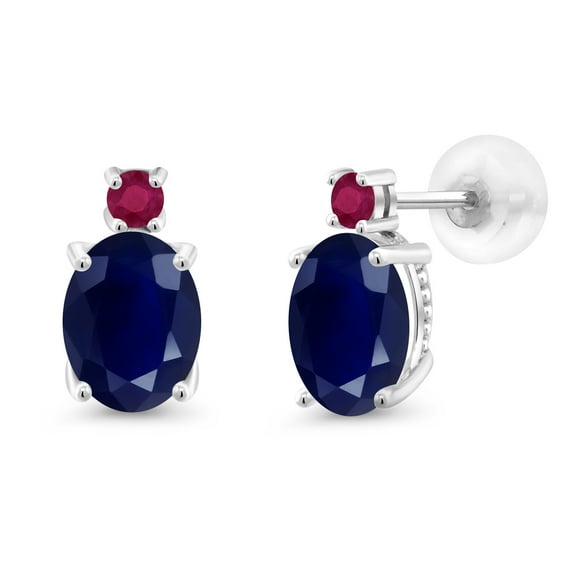 Gem Stone King 14k White Gold Blue Sapphire and Red Ruby Earrings for Women (3.82Cttw, GemstoneSeptember Birthstone, Oval 8X6MM, Round 2.5MM)