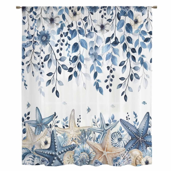 Blue Coastal Starfish Sheer Curtains 63 Inches Long, Beach Nautical Shell Eucalyptus Summer Light Filering Curtains, Breathable Simi Curtain Privacy Drapes for Living Room Bedroom Window Treatment