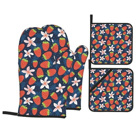 

Oven Mitts and Pot Holders Sets 4 pcs Strawberry flower A Non-Slip Oven Gloves Potholders Soft Quilted Lining Heat Resistant Gloves Hot Pads for Kitchen Cooking Baking