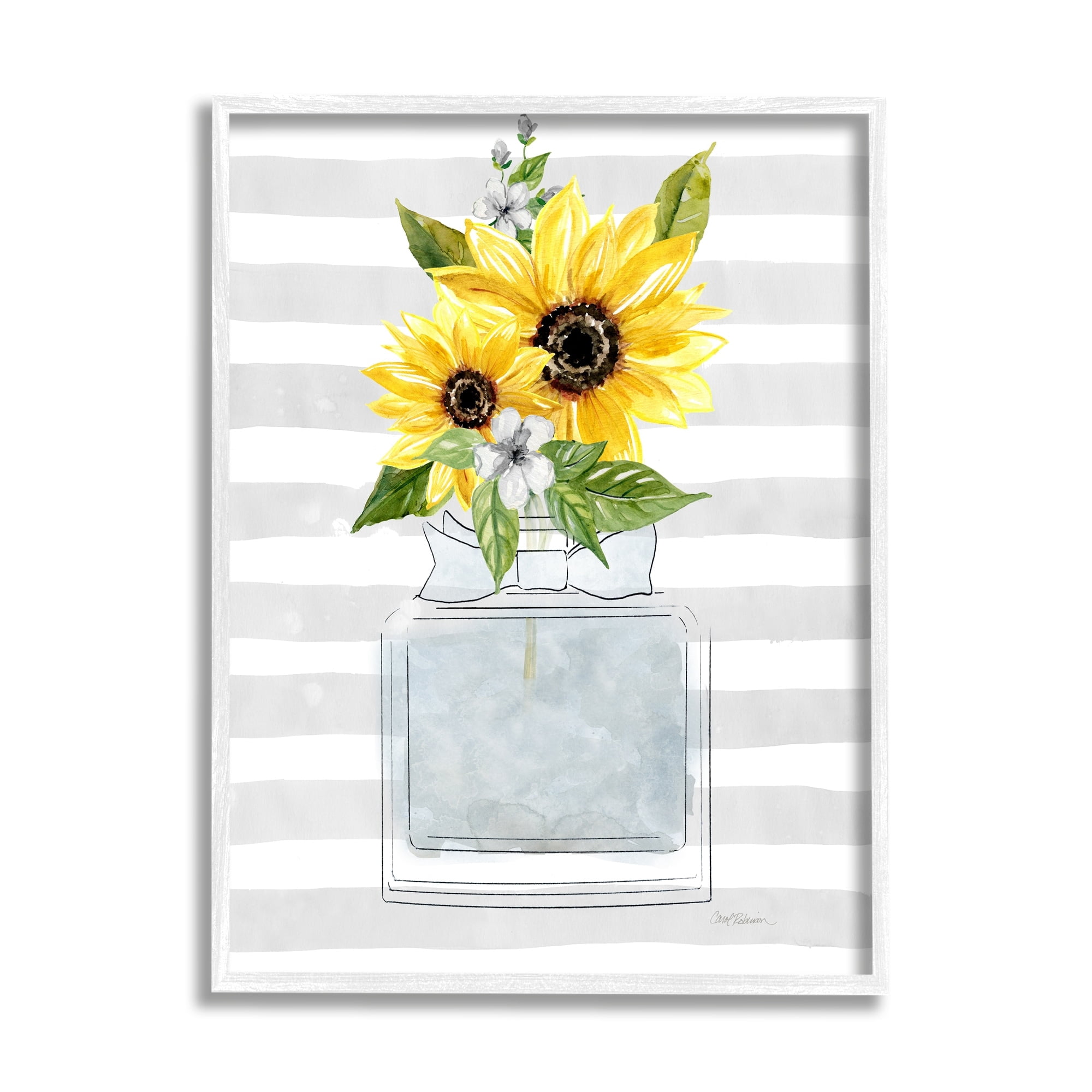 Stupell Industries Vivid Floral Arrangement Glam Perfume Bottle Stripes Graphic Art White Framed Art Print Wall Art, Design by Carol Robinson