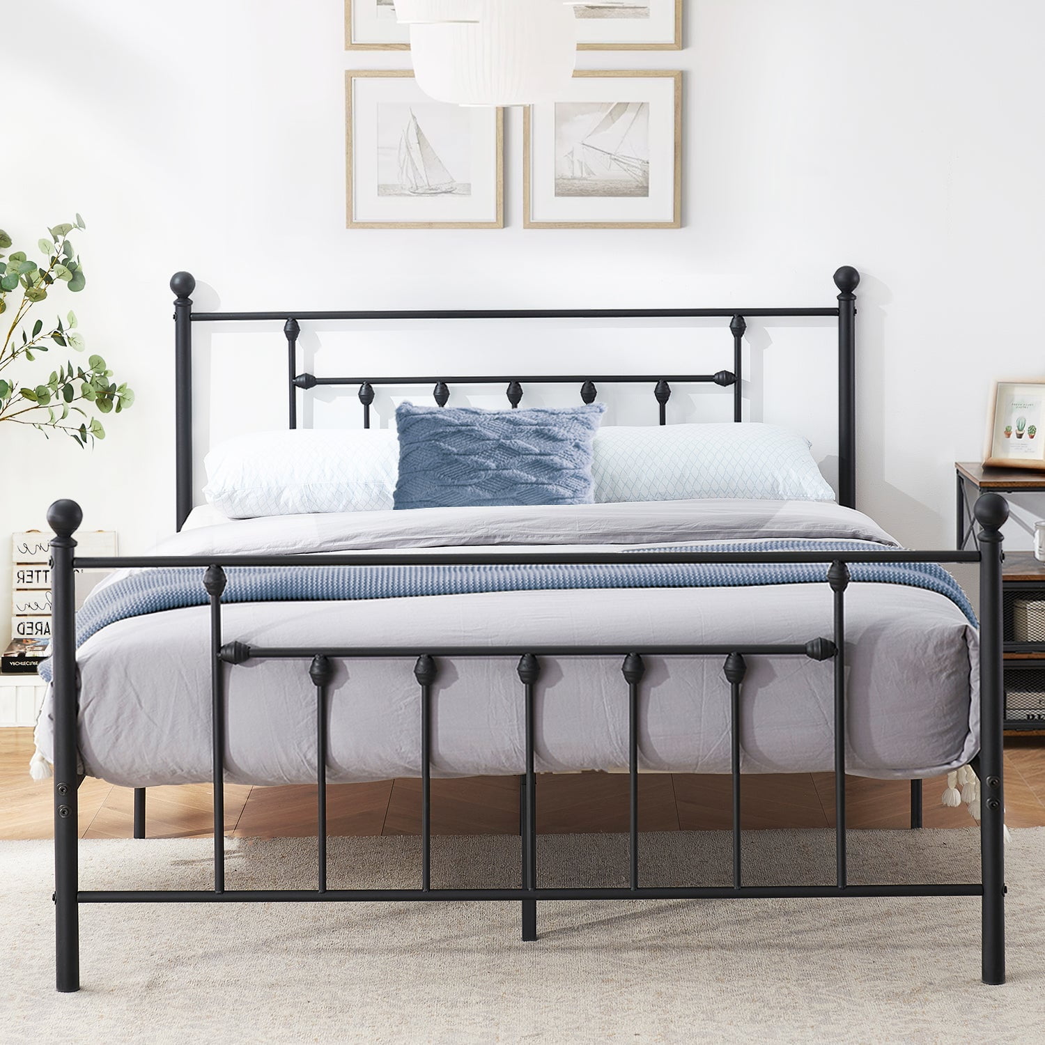 Victorian Queen Size Metal Platform Bed Frame with Headboard