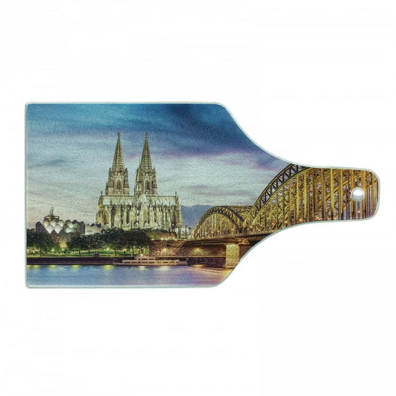 European Cutting Board, Dom in Cologne Old Bridge and Rhine Sunset European Traits and Culture, Decorative Tempered Glass Cutting and Serving Board, Wine Bottle Shape, Multicolor, by Ambesonne