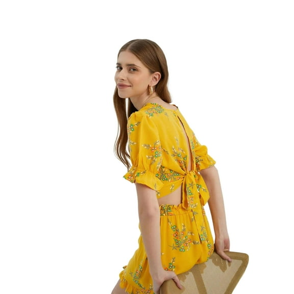 Floral Surplice Neck Short Sleeve Crop Top