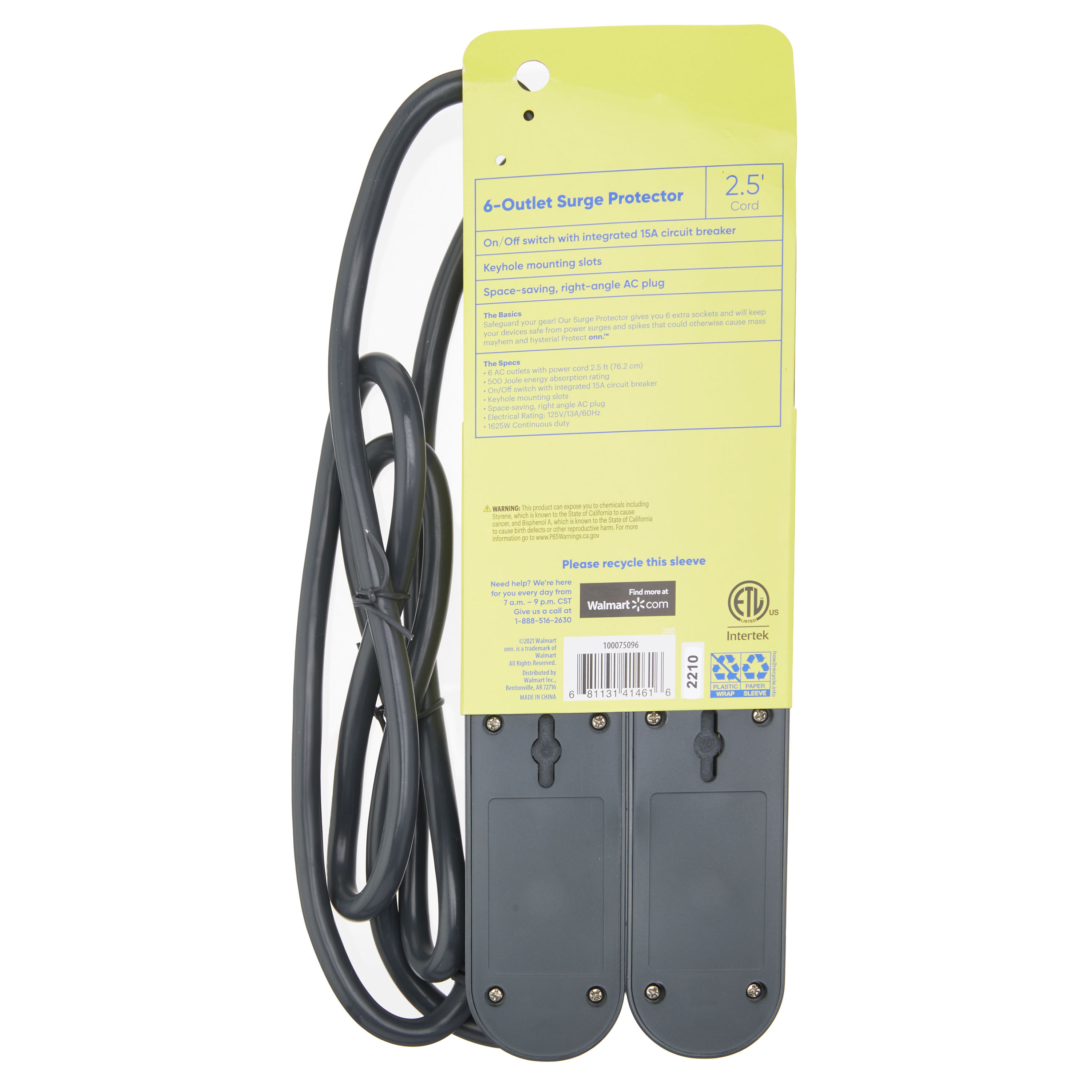 onn 6-Outlet Surge Protectors with 2.5' Cords, Gray, 2 Pack photo 7