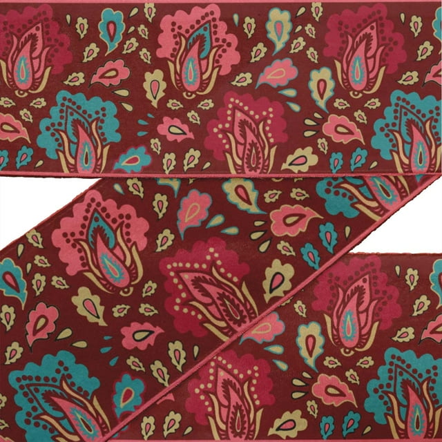 IBA Indianbeautifulart Tissu de Couture en Velours Artistique Feuilles Rouges & Floral Dentelle Imprimée 9 Yards 4 Pouces