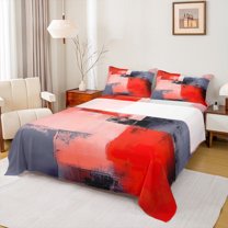 Manfei Chic Abstract Watercoor Queen Sheet Sets, Red Oil Printing Flat Sheet, Vintage Mid Century Queen Fitted Sheet, Luxury Bedroom Decor, 4 Pieces