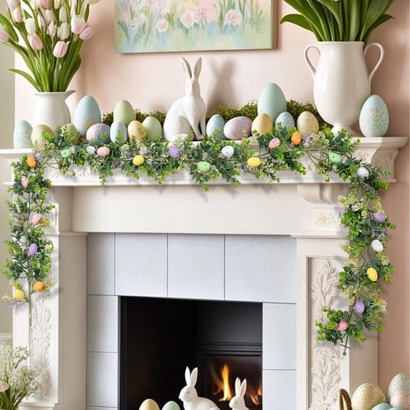 Easter Garland Spring Wreath 175cm Artificial Eucalyptus Vine with Colorful Eggs for Indoor Outdoor Home Patio Door Decor 1 Piece
