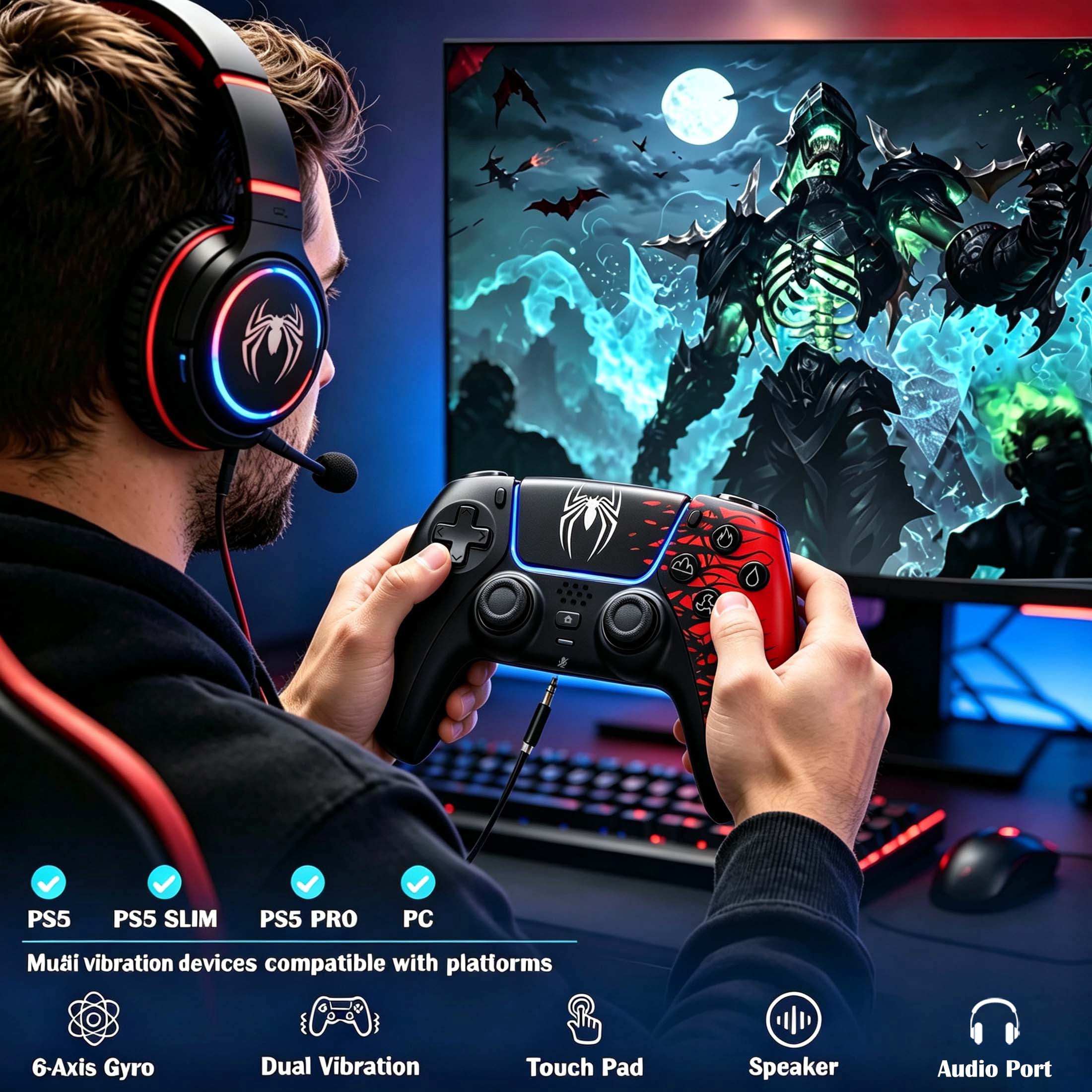 Wireless Controller Compatible with P5/P5 Pro/P5 Slim/PC,with 1500mAh Battery,Dual Vibration,6-Axis Motion Control,Speaker,3.5mm Audio Jack (Spider)