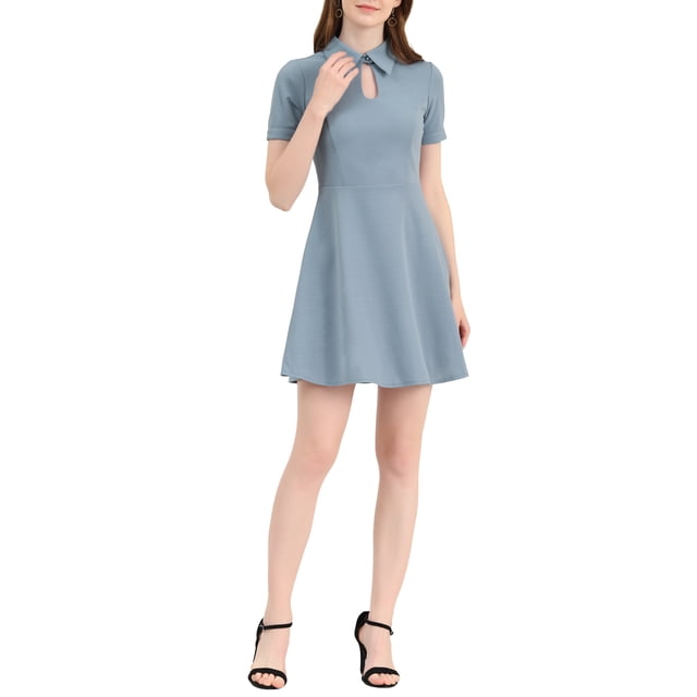 INSPIRE CHIC Vestido de Oficina para Mujeres, Ajustado y Acampanado, con Cuello Turndown y Abertura Clave M Azul Cielo